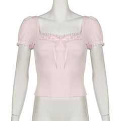 Short puff sleeve ribbed bowknot ruffle top