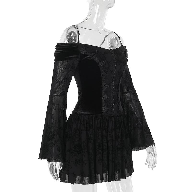 Off shoulder long flared sleeve velvet mini dress