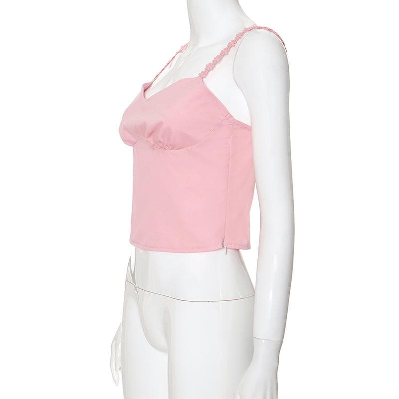 Sweetheart neck flower embroidery zip-up cami top