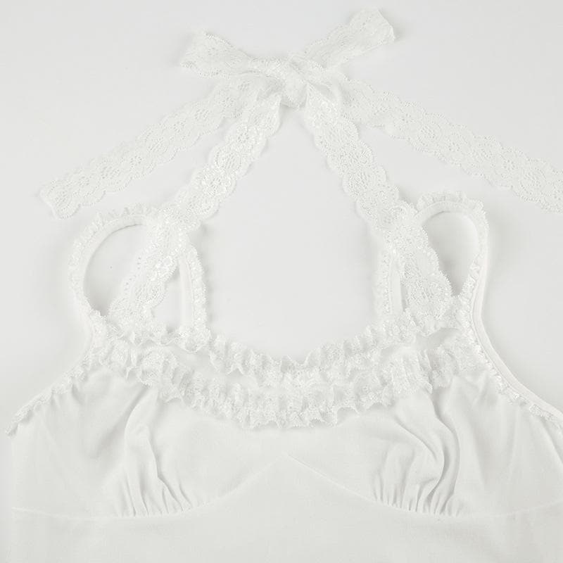 Halter lace hem ruched self tie cami top