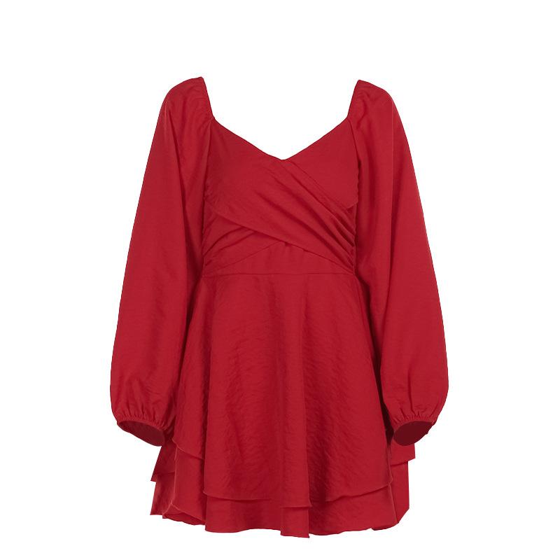 V neck long sleeve ruched solid mini dress  | red tango dress