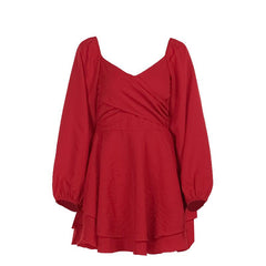 V neck long sleeve ruched solid mini dress  | red tango dress