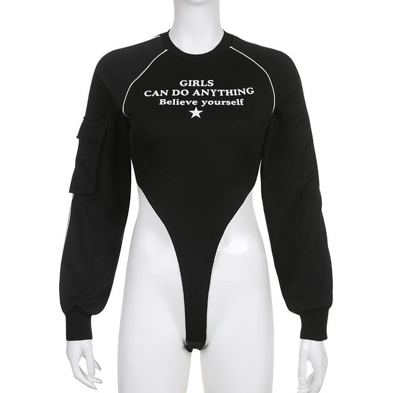 Pocket letter print long sleeve crewneck contrast bodysuit