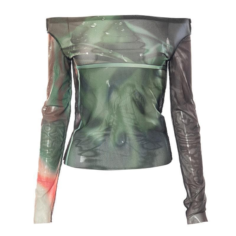Long sleeve off shoulder sheer mesh see through print top