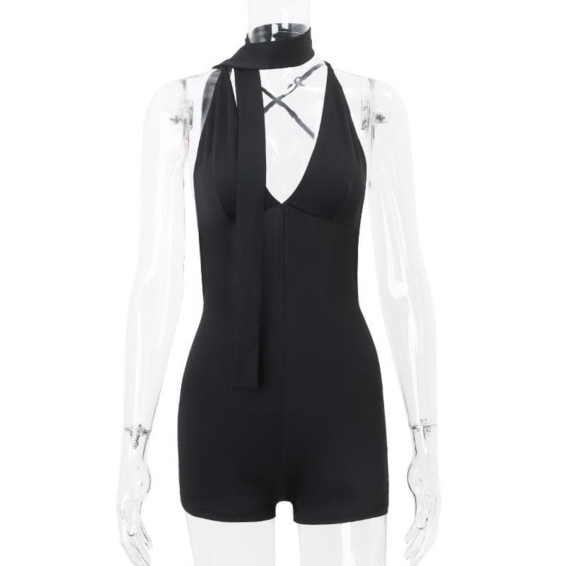 Deep V neck cross back backless ruched solid cami romper