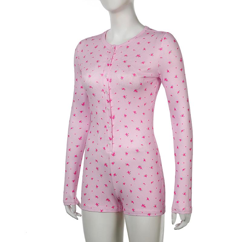 Long sleeve crewneck button flower print romper