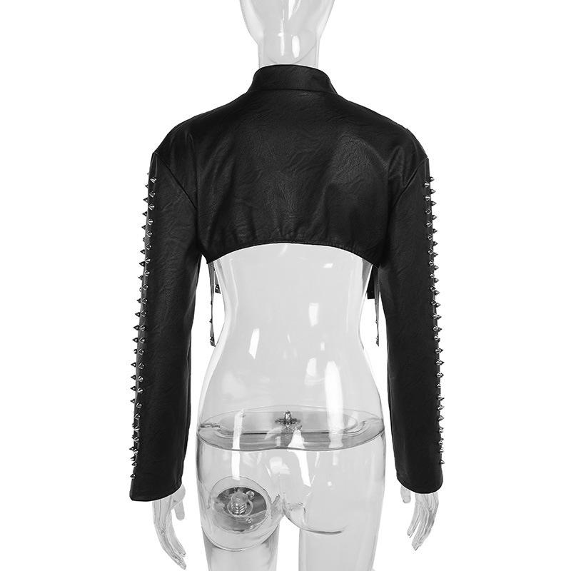 High neck PU leather zip-up hollow out shrug top