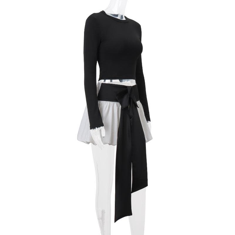 Long sleeve crewneck bowknot lace up ribbon ruched mini skirt set