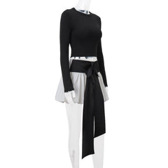 Long sleeve crewneck bowknot lace up ribbon ruched mini skirt set