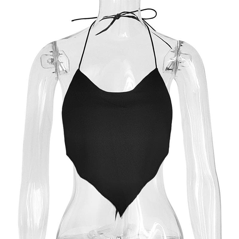 Halter spaghetti strap self tie backless solid stitch cowl neck crop top