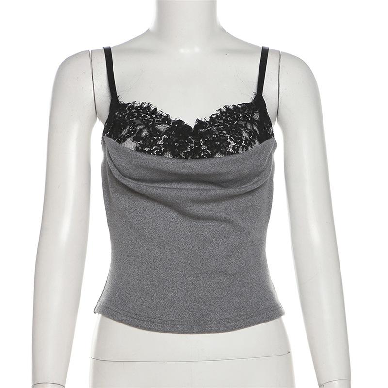 Lace patchwork ruched contrast cami top
