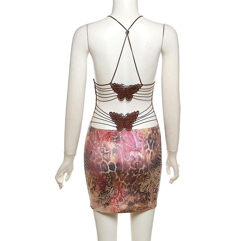 V neck butterfly embroidery backless print cross back cami mini dress  | black rave dress