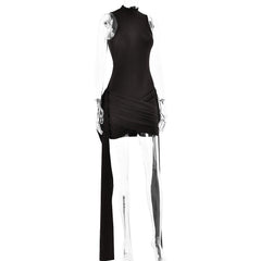 High neck ruffle ruched solid mini dress