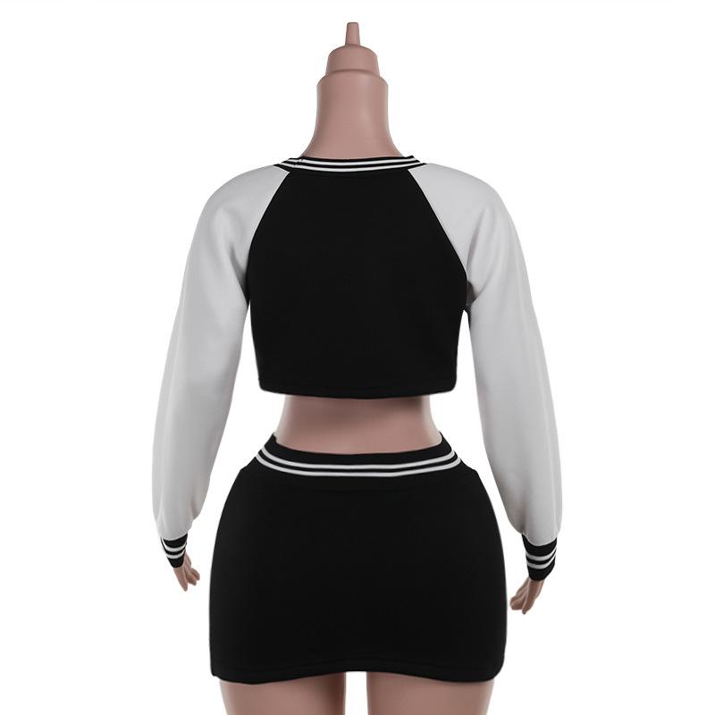 Long sleeve crewneck letter pattern crop mini skirt set