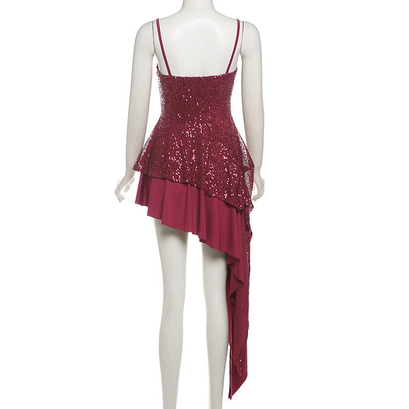 Square neck glitter irregular cami mini dress