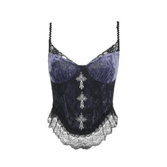Metal cross lace velvet patchwork cami top