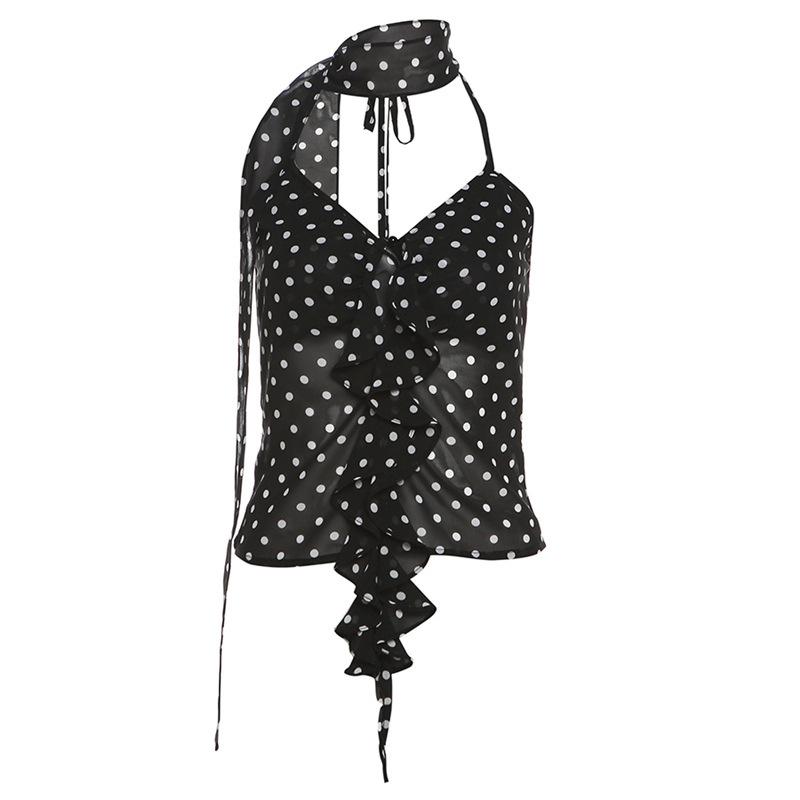 Halter polka dot ruffle chiffon 2 piece see through top