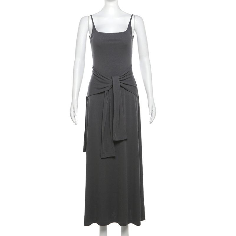 U neck knotted solid backless cami maxi dress