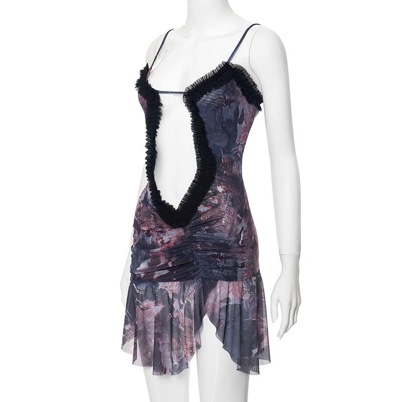 Double layered mesh ruffle hollow out cami cut out mini dress  | red tango dress