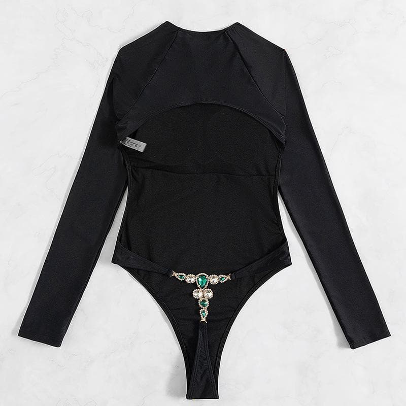 Stone decor long sleeve solid backless one piece swimwear