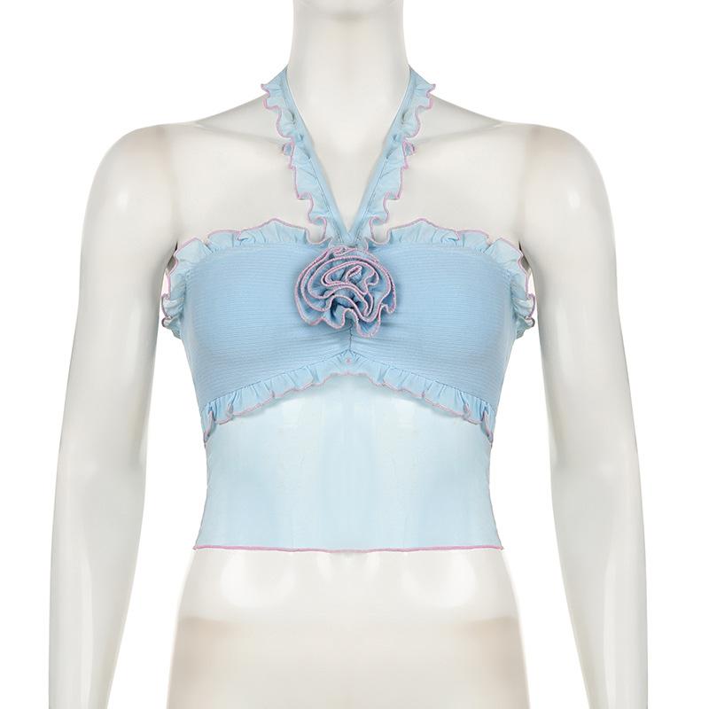 Halter rose applique ruffle ribbed crop top