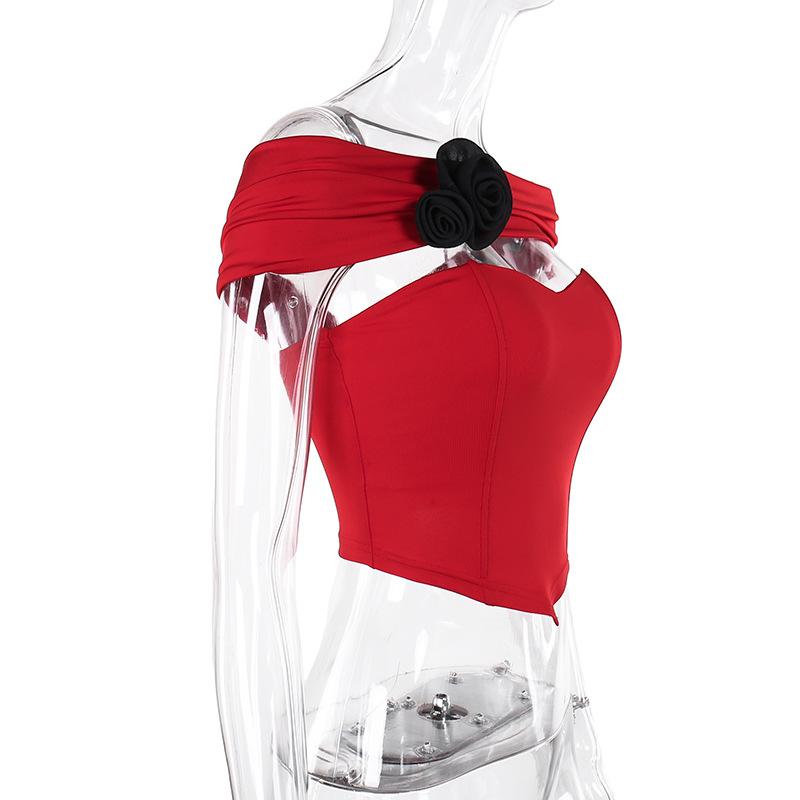 Off shoulder flower applique bustier top