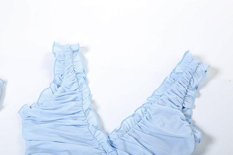 Ruched v neck backless ruffle 2 piece maxi dress