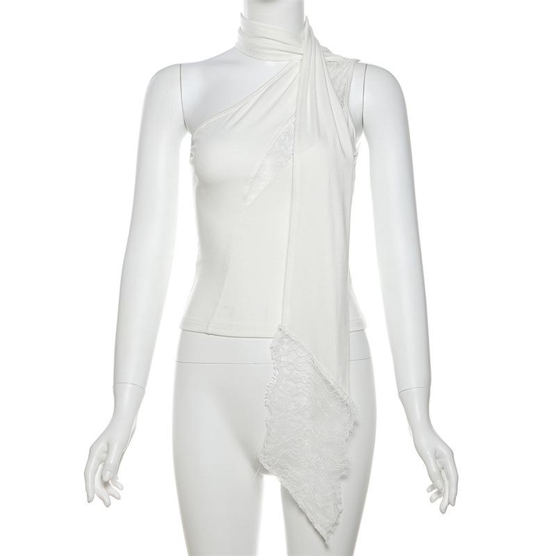 Halter one shoulder lace hem irregular top