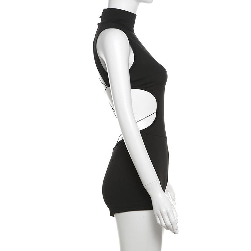 Sleeveless high neck button backless romper