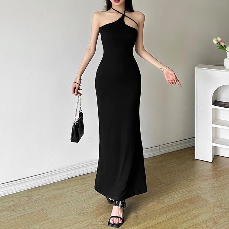 Halter Hollow out irregular solid maxi dress