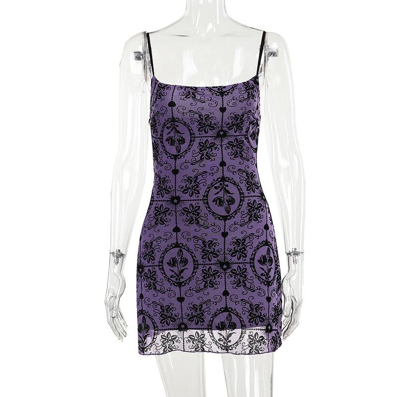 U neck velvet print mesh ruffle cami mini dress
