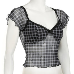 Short sleeve plaid lace hem bowknot mesh top