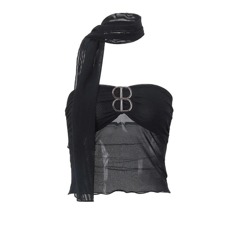 Sheer mesh backless buckle ruffle solid tube crop top