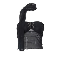 Sheer mesh backless buckle ruffle solid tube crop top