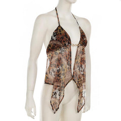 Halter leopard print mesh backless self tie top