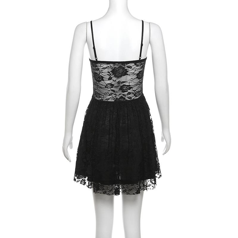 Sweetheart neck metal tag lace ruffle cami mini dress