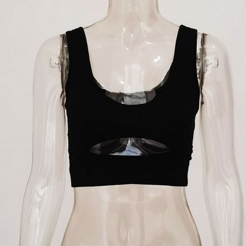 Double layered U neck low cut hollow out solid crop cut out top