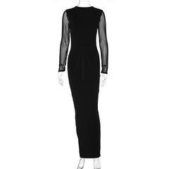 Mesh patchwork solid low cut long sleeve cross front maxi dress  | black rave dress  | black rave dress