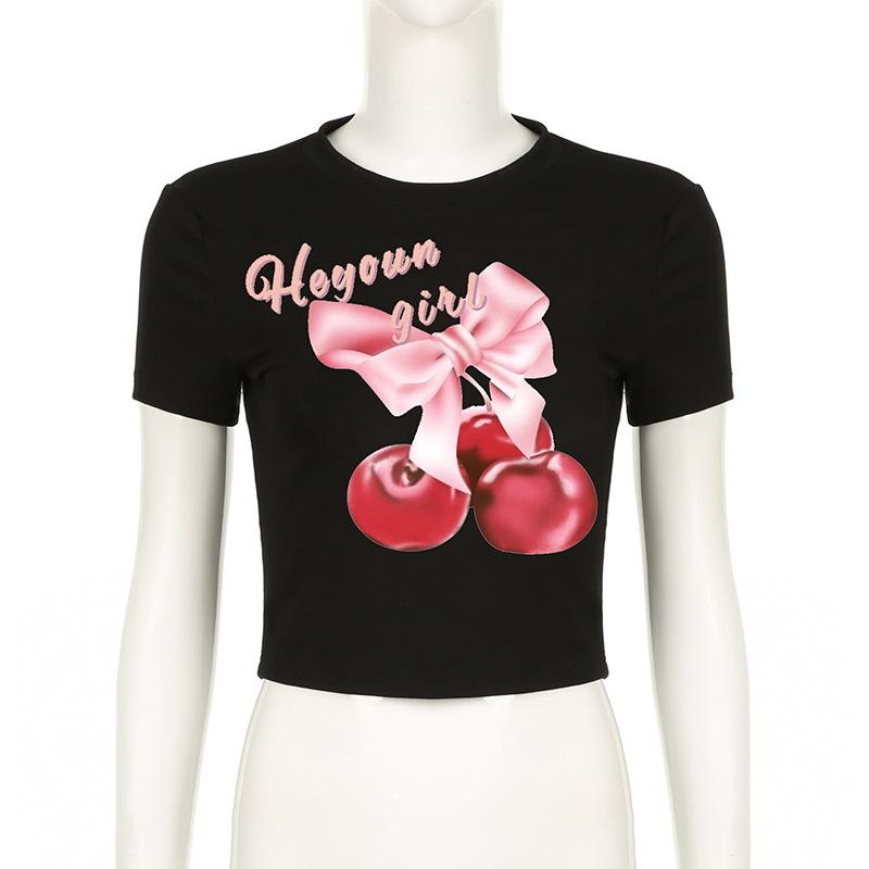 Short sleeve cherry print crewneck crop top