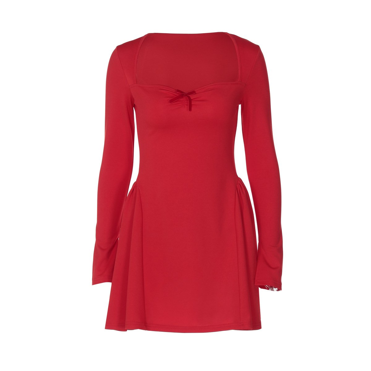 Long sleeve bowknot solid ruched mini dress  | red tango dress