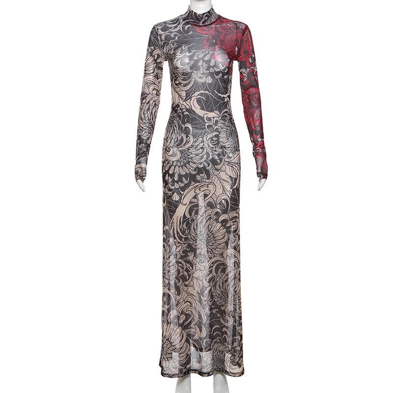 Long sleeve high neck print sheer mesh maxi dress  | samba dress