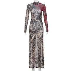 Long sleeve high neck print sheer mesh maxi dress  | samba dress