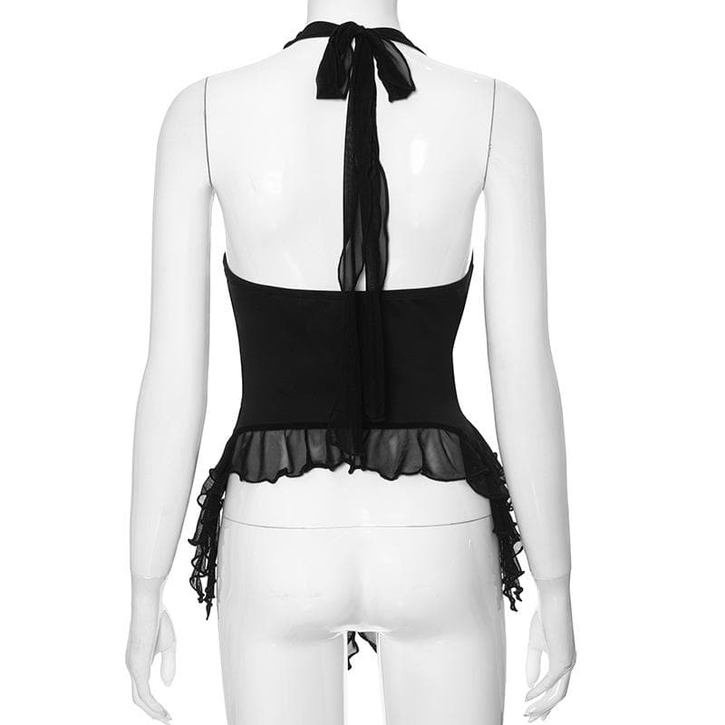Halter ruffle u neck backless solid top