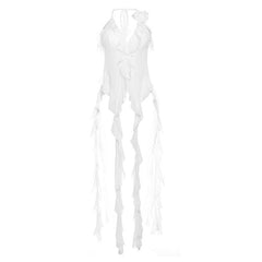 Halter rose applique sheer mesh ruffle v neck backless crop top