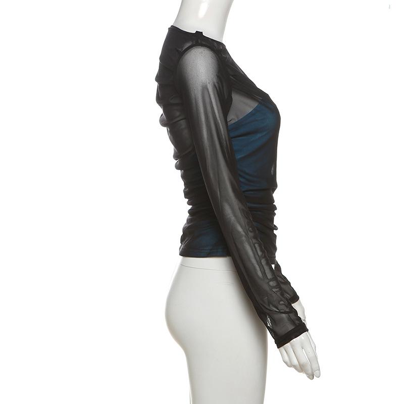 Long sleeve ruched mesh patchwork top