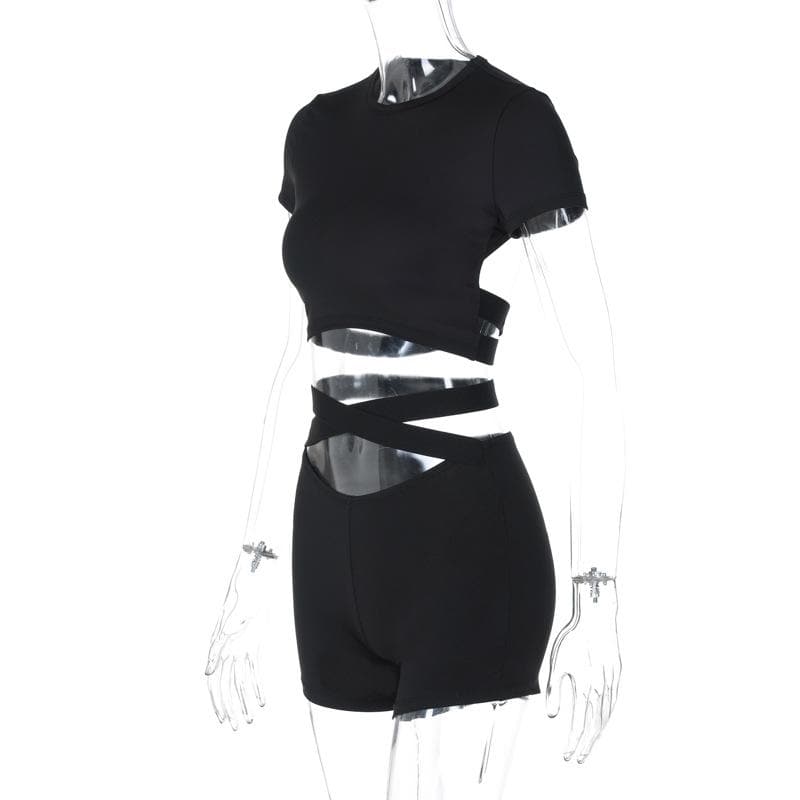 Short sleeve crewneck hollow out backless pant set