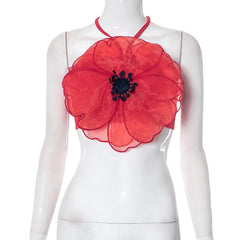 Flower pattern embroidery contrast halter self tie backless crop top