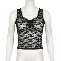 U neck ruffle lace bowknot see through crop top