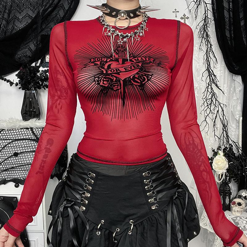 Crewneck long sleeve mesh abstract top