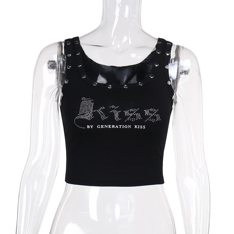 Letter pattern beaded u neck tank top